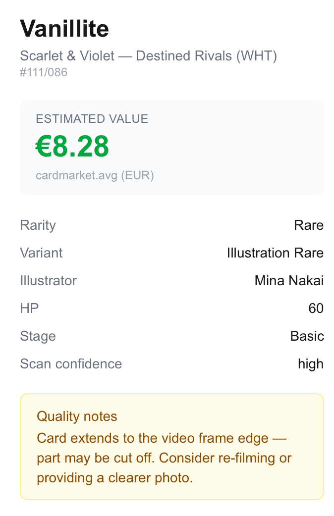 Card detail showing Vanillite with estimated value €8.28