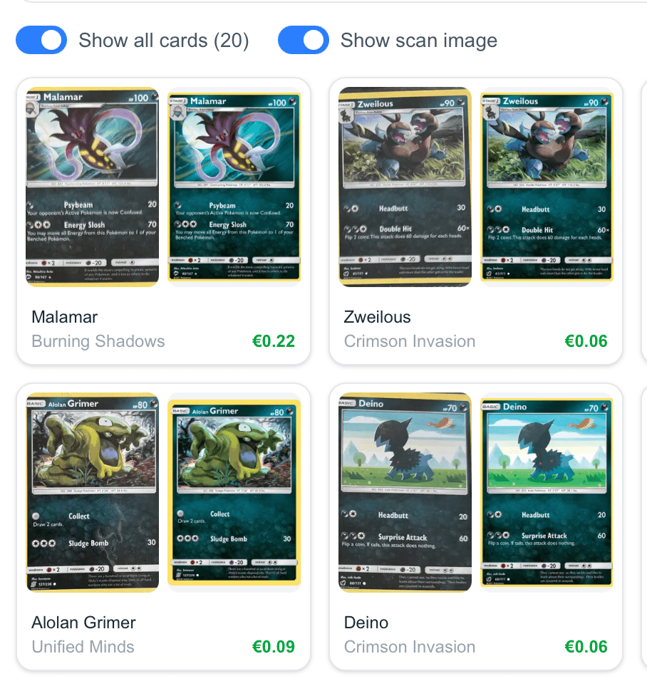 Card grid showing scanned cards alongside matched card images with prices
